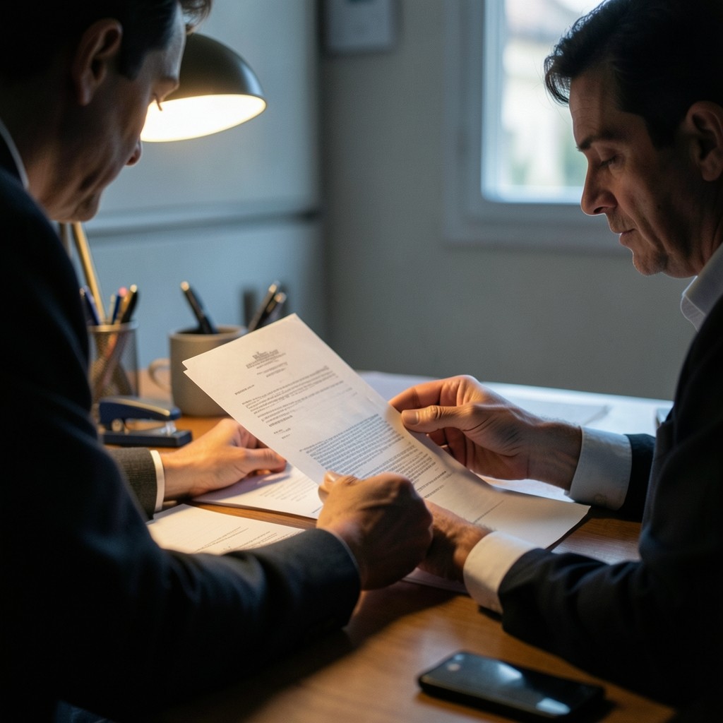Persona revisando un contrato laboral en una mesa de oficina