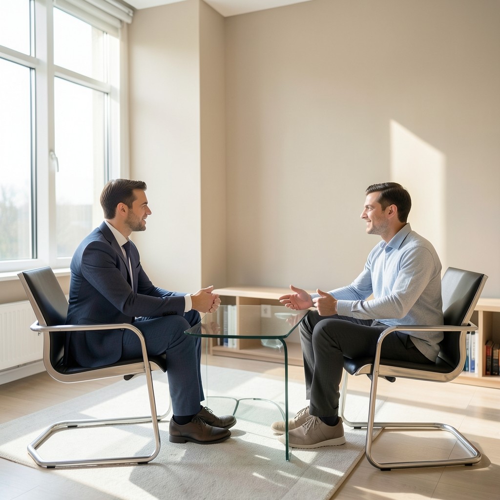Dos personas en una entrevista de trabajo en una sala luminosa