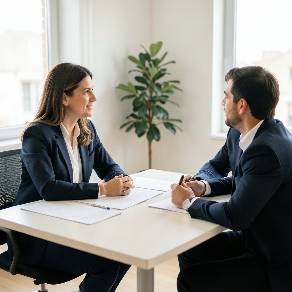 Consultora laboral conversando con un candidato en una mesa de trabajo